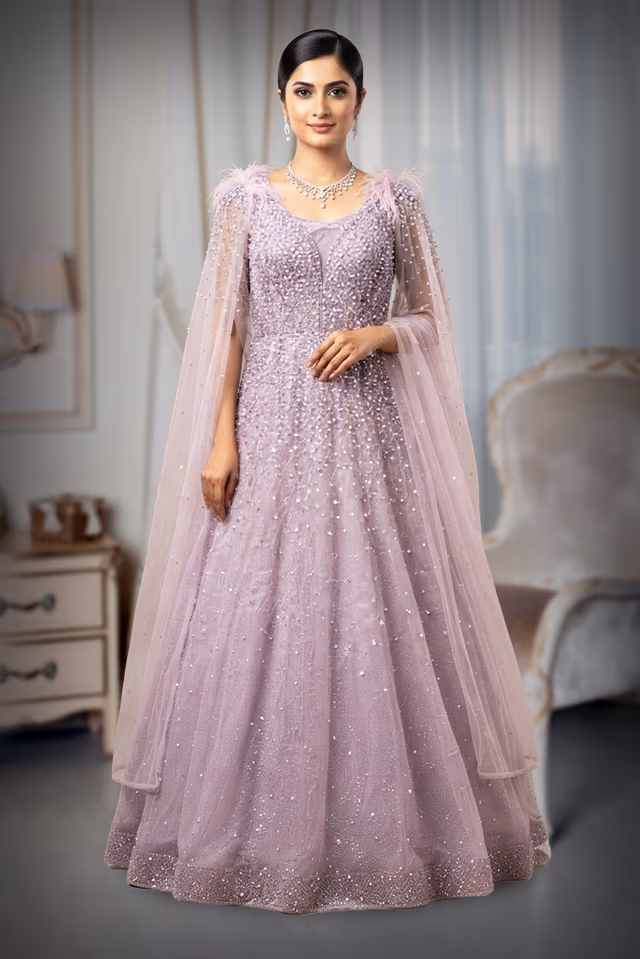 Glamorous Lilac Net Embellished Evening Gown with Feathered Shoulder Cape Sleeves — back view, rent in Kochi