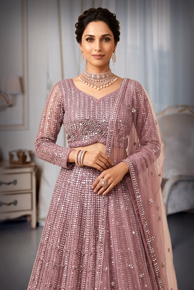 Glamorous Mauve-Pink Net Lehenga Set with All-Over Vertical Mirror-Work & Crystal Grid Embroidery — rent in Kochi