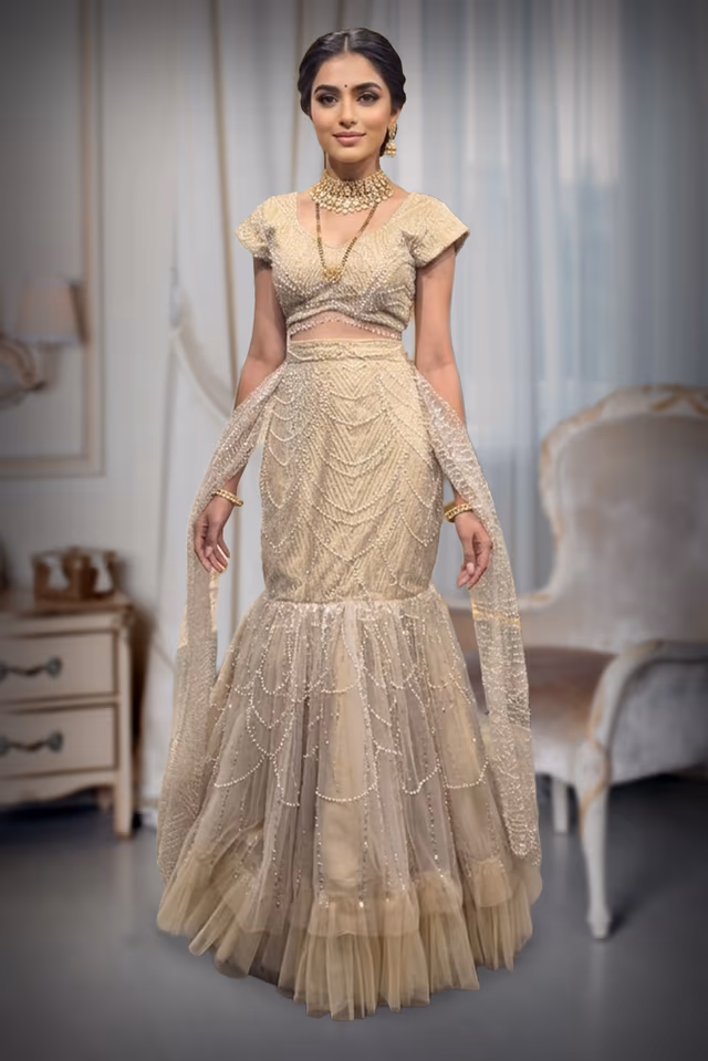 Gold Embroidered Mermaid Lehenga — back view, rent in Calicut