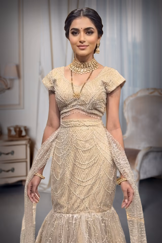 Gold Embroidered Mermaid Lehenga — rent in Calicut