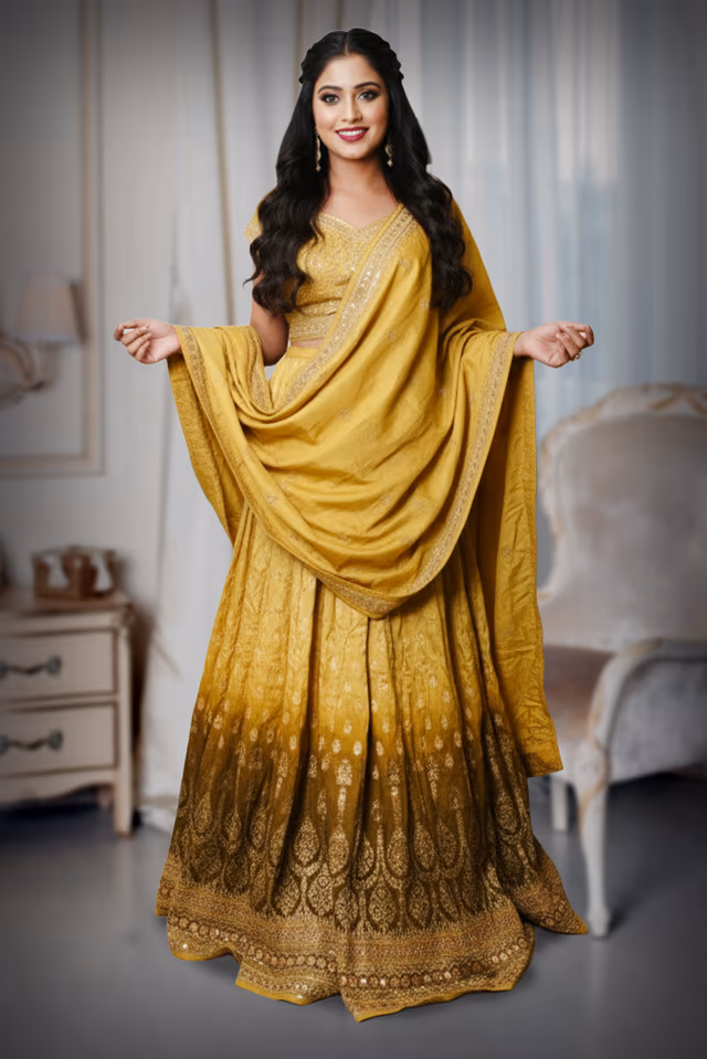 Dazzling Lemon Yellow Lehenga Set, Adorned With Intricate Beadwork And Delicate Flower Motifs — back view, rent in Calicut