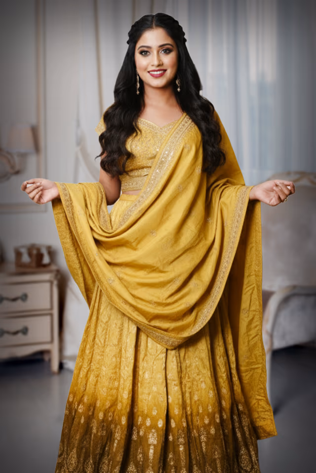 Dazzling Lemon Yellow Lehenga Set, Adorned With Intricate Beadwork And Delicate Flower Motifs — rent in Calicut