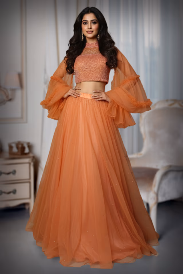 Peach Net Lehenga with Cut beads & Sequin Embroidery — back view, rent in Kochi