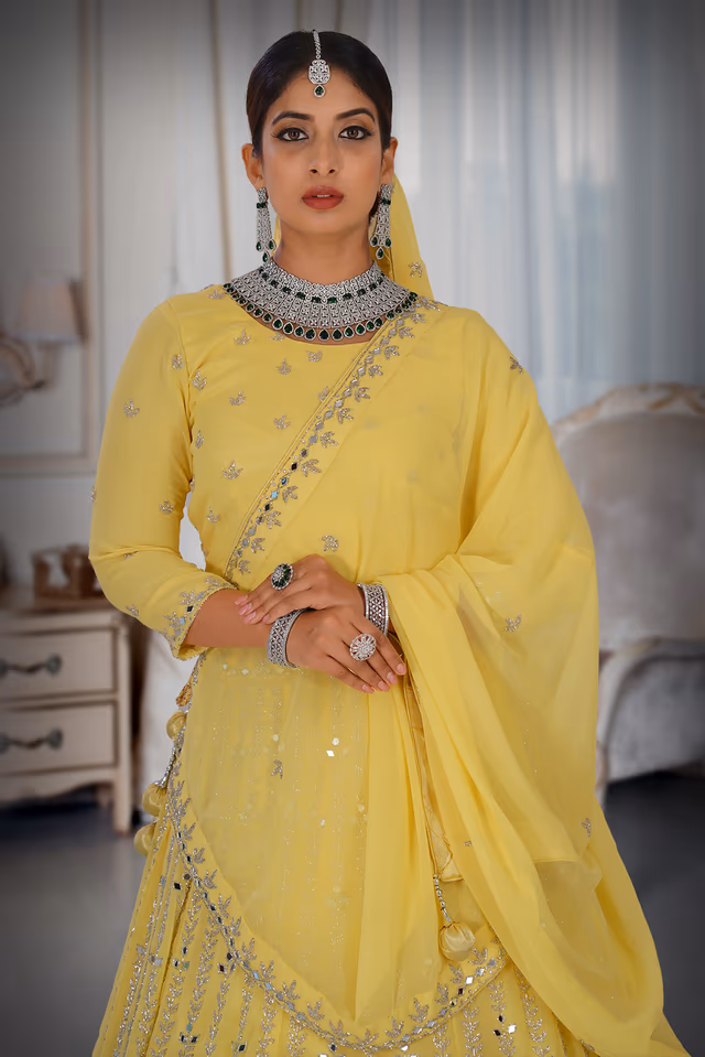 Yellow mirror work lehenga — rent in Coimbatore