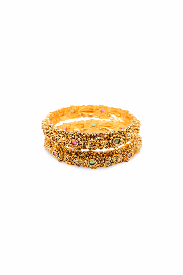 The Bangles Feature A Wide Band Of Antique Gold With Alternating Square Colored Stones And Ornamental… — rent in Coimbatore