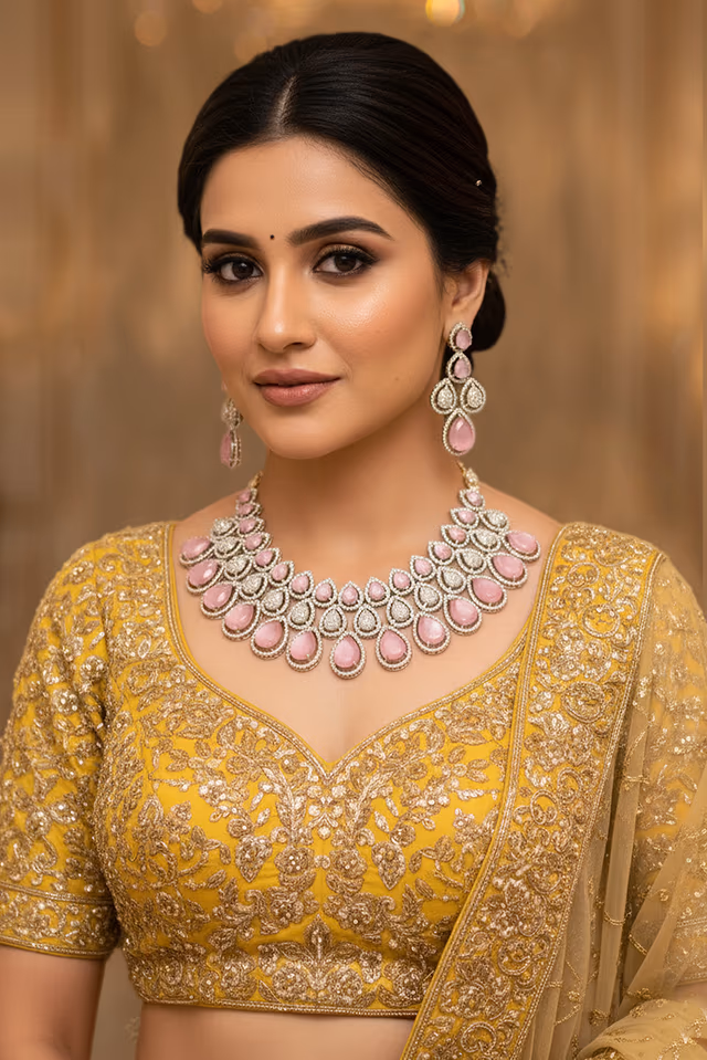 Elegant Modern Necklace Set With Heavy Stone Work And Silver Tone — rent in Coimbatore