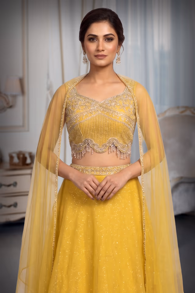 Yellow Haldi Lehenga Enriched With Beautiful Stonework With High Details On Blouse And Minimal But… — rent in Coimbatore