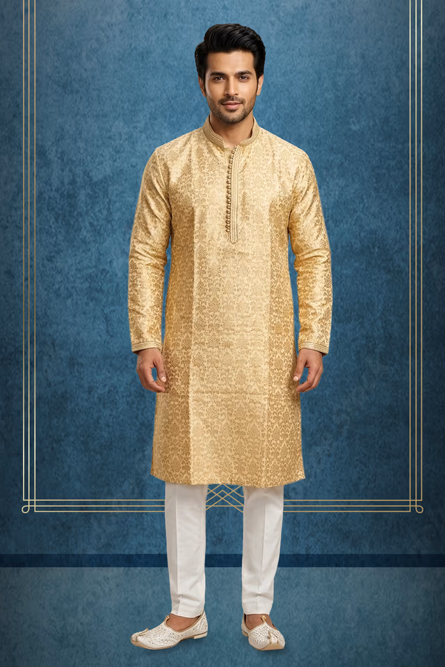 Golden Traditional Self-Design Kurta with Elegant Beige Bottom Set — rent in Bangalore