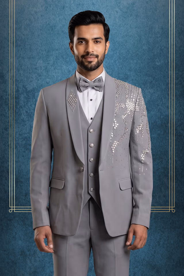 Grey And Misty White Stone Embellishment Tuxedo — back view, rent in Kozhikode
