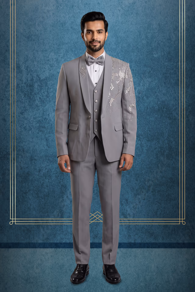 Grey And Misty White Stone Embellishment Tuxedo — rent in Kozhikode