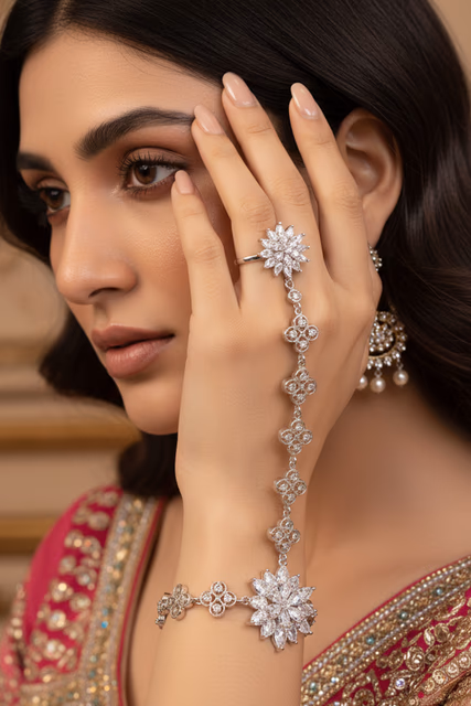 Exquisite American Diamond Haathpanja Features A Brilliant Floral Motif And Adjustable Silver Toned Chain — rent in Bangalore