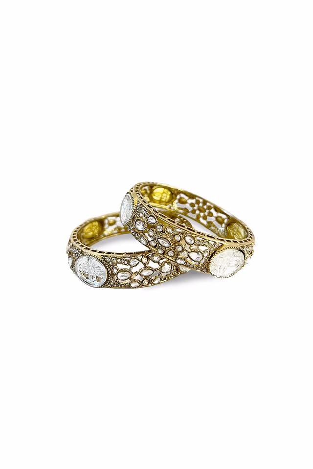 Exquisite Gold Plated Bangles Feature Intricate Polki Work Perfect For Every Grand Festive Celebration — rent in Bangalore