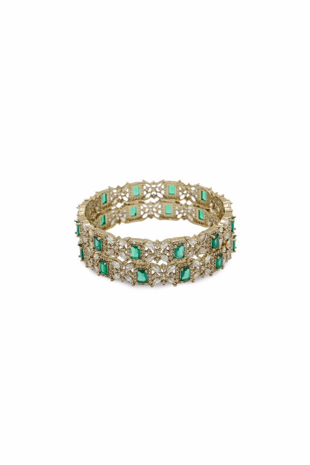 Gold-Tone Emerald Green Rectangular Stone & Crystal Floral Bangle — rent in Kochi