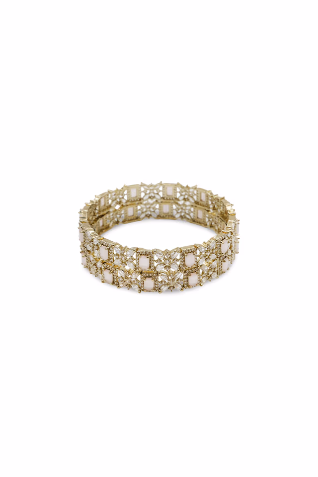 Gold-Tone Light Pink Rectangular Stone & Crystal Floral Bangle — rent in Kochi