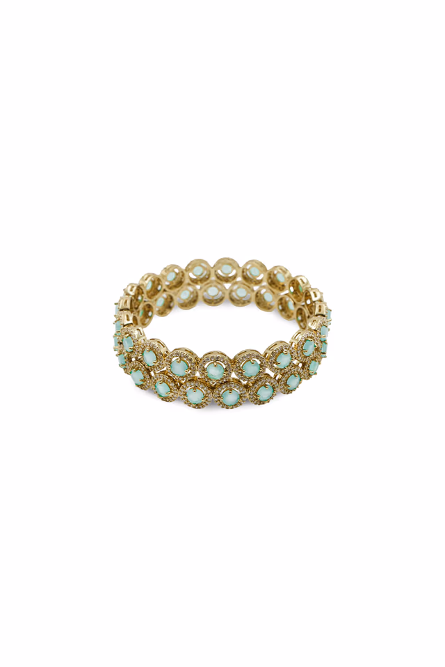 Gold-Tone Mint Green Stone & Crystal Halo Bangle — rent in Kochi