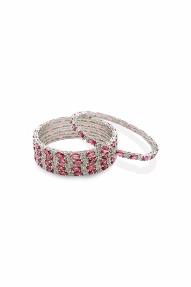 Silver Base Fuchsia Pink & Diamond-Cut Dual Stone Bangle — rent in Kochi