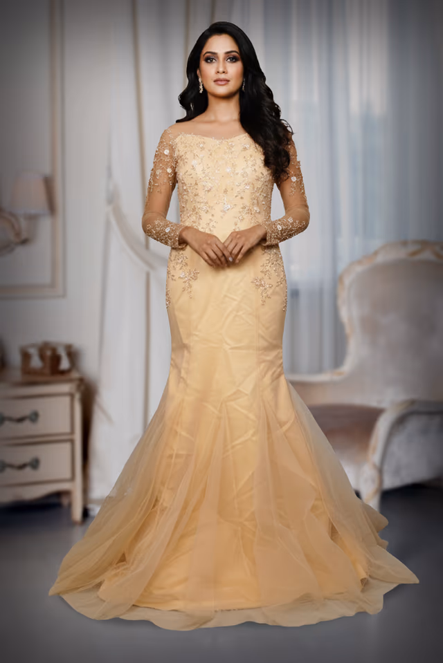 Champagne Gold Illusion Mermaid Gown with Intricate Floral Embroidery and Tulle Flare — back view, rent in Kochi