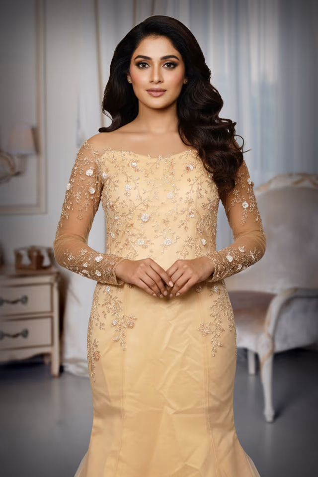 Champagne Gold Illusion Mermaid Gown with Intricate Floral Embroidery and Tulle Flare — rent in Kochi