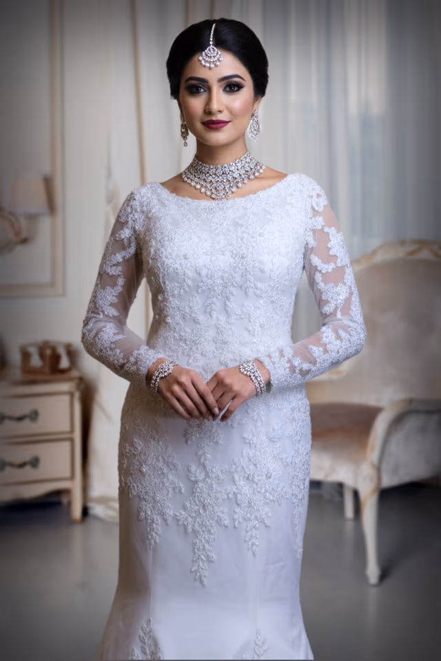 Elegant Embroidered Lace Full-Sleeve Mermaid/Trumpet Bridal Gown — rent in Kochi