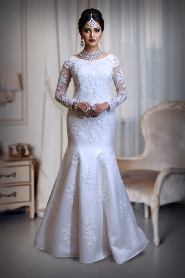 Elegant Embroidered Lace Full-Sleeve Mermaid/Trumpet Bridal Gown — back view, rent in Kochi