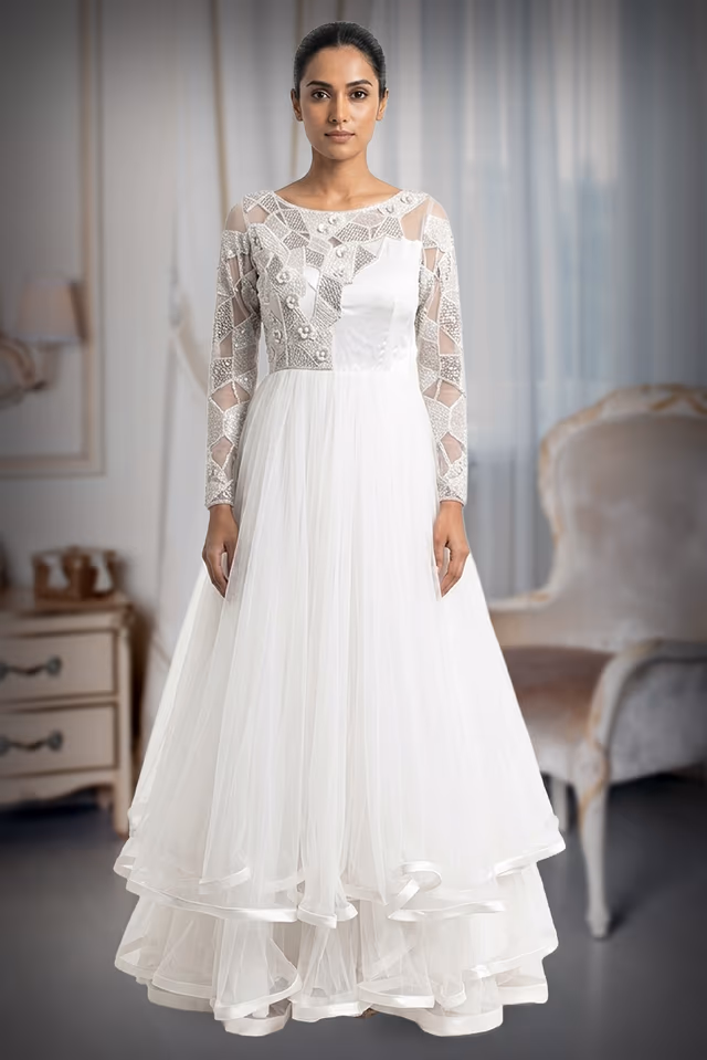 Ethereal Ivory Embroidered Net Gown with Curly Ruffle Hem — back view, rent in Coimbatore