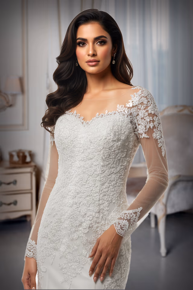 Ethereal Ivory Lace A-Line Wedding Dress with Sheer Long Sleeves and Tulle Skirt — rent in Kochi