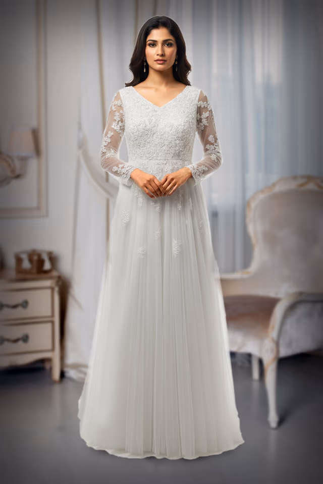 Ethereal Ivory Tulle Gown with Chantilly-style Lace Appliqués and Illusion Sleeves. — back view, rent in Kochi