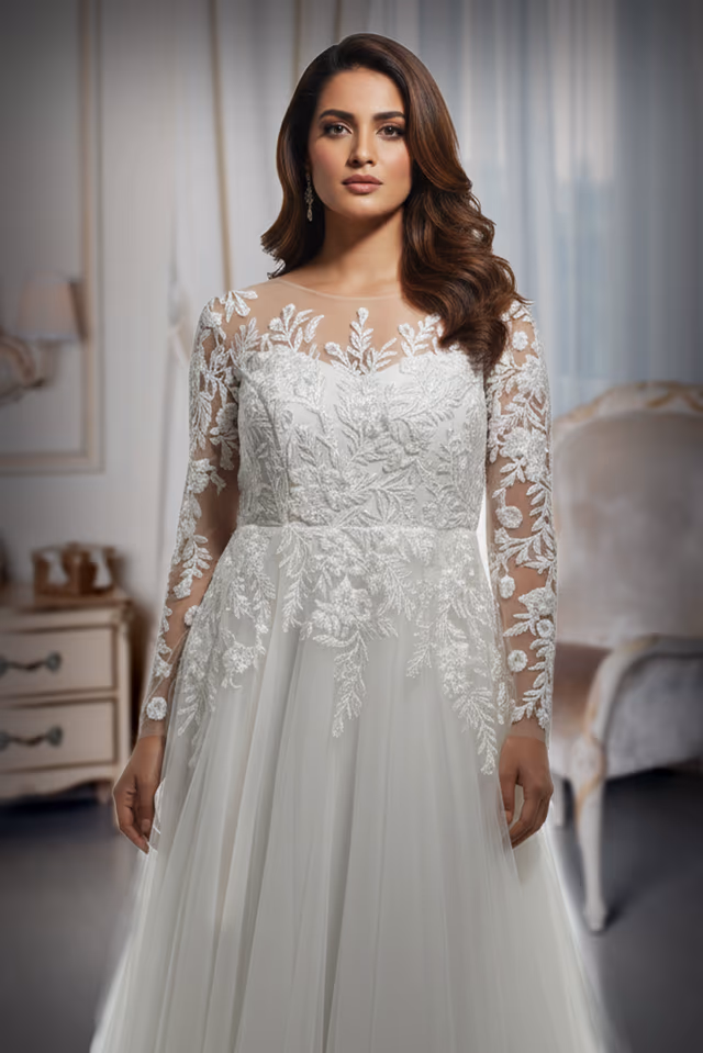 Illusion Neckline Floral Lace Appliqué Gown with Layered Tulle Skirt — rent in Kochi