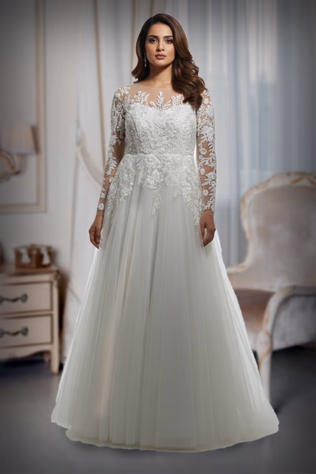Illusion Neckline Floral Lace Appliqué Gown with Layered Tulle Skirt — back view, rent in Kochi