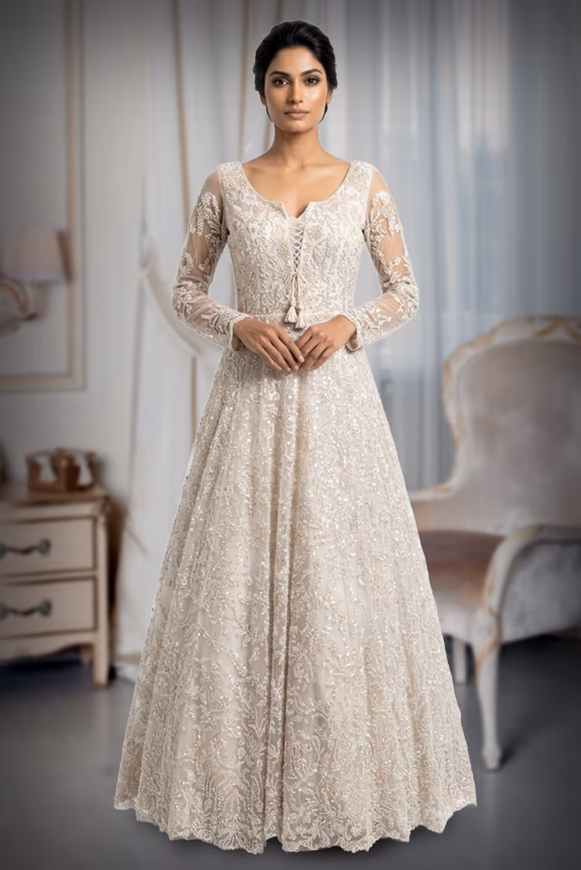 Elegant Ivory Bridal Gown , fully heavy worked along with the veil . — back view, rent in Coimbatore