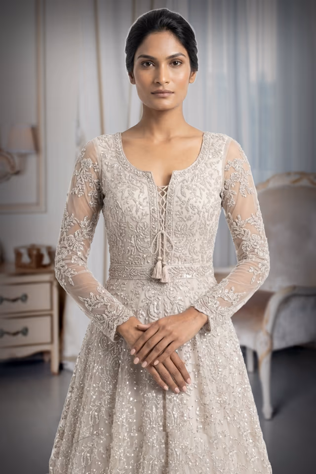 Elegant Ivory Bridal Gown , fully heavy worked along with the veil . — rent in Coimbatore