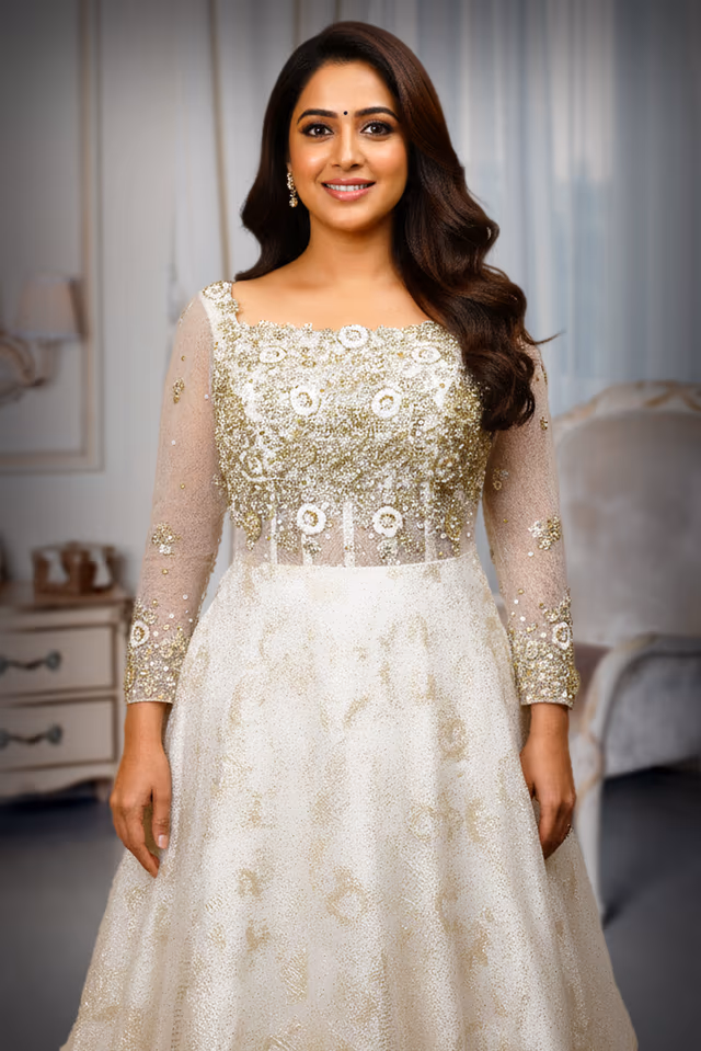 Ivory/Off-White Bridal Gown with Heavy Gold Zari and Sequin Work — rent in Kochi