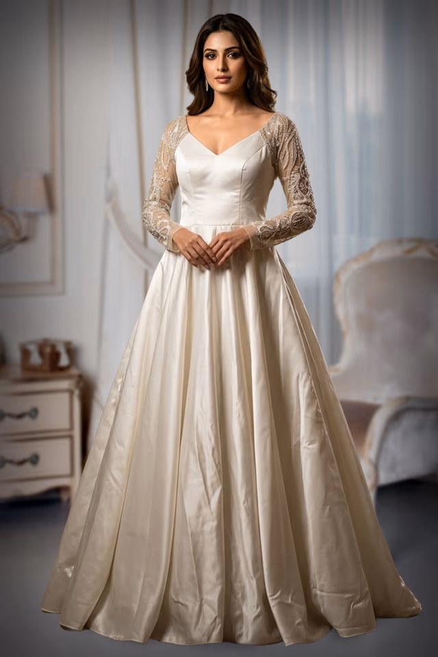 Ivory Satin A-Line Evening Gown with Ornate Lace Detailing — back view, rent in Kochi