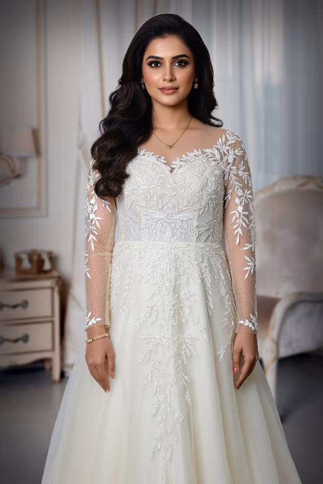 Elegant Off The Shoulder Ivory Bridal Gown Featuring Sheer Sleeves And Delicate Floral Embroidery Perfect… — rent in Calicut