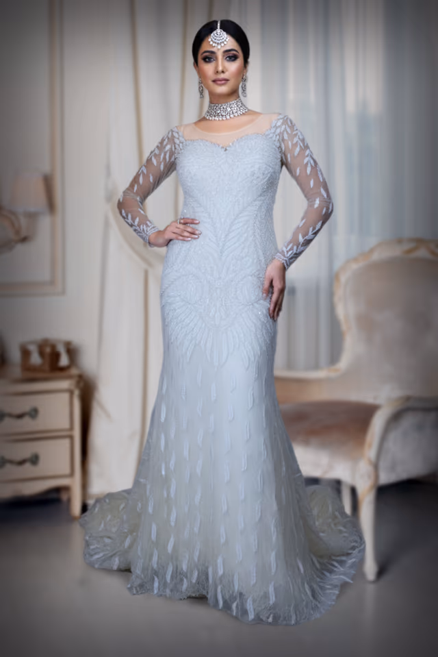 Off-Shoulder Mermaid Bridal Gown with Leaf Embroidery — back view, rent in Kochi