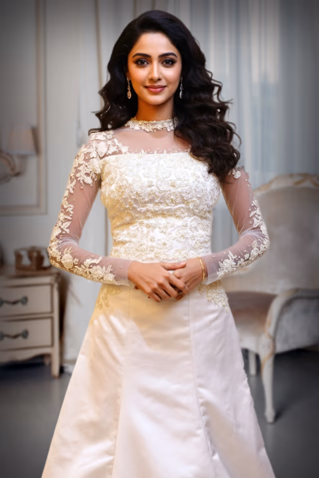 Off white  applique work heavy design fishcut off white gown — rent in Kochi
