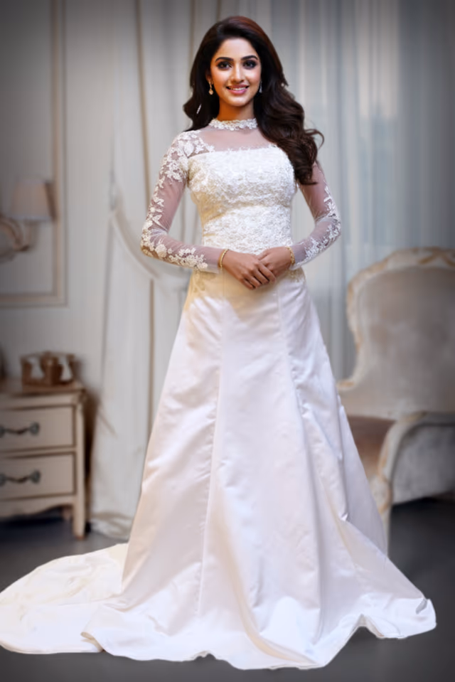 Off white  applique work heavy design fishcut off white gown — back view, rent in Kochi