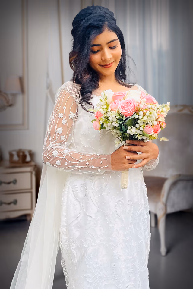 Off White Mermaid Christian Bridal Gown With Rich Lace Work Details — rent in Calicut
