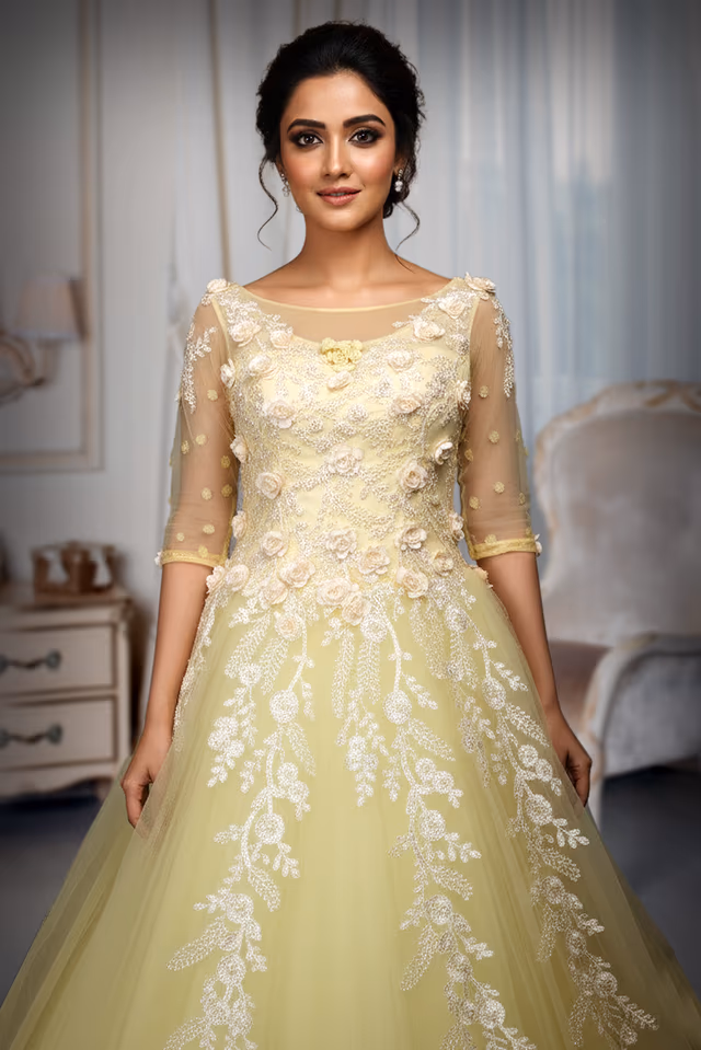 Pastel Yellow A-Line Tulle Gown with 3D Floral Embellishments — rent in Kochi