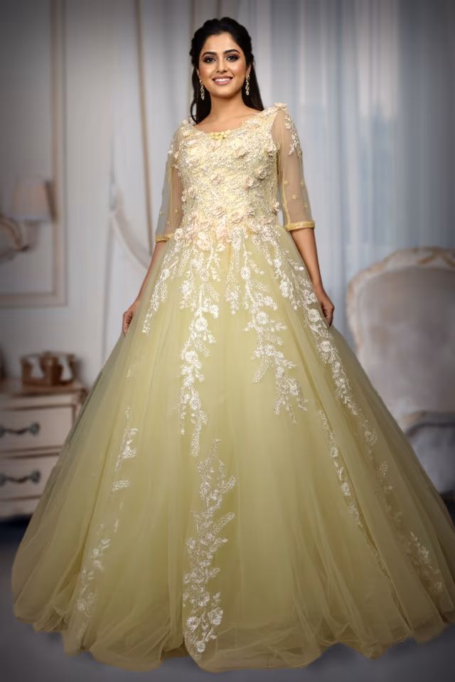 Pastel Yellow A-Line Tulle Gown with 3D Floral Embellishments — back view, rent in Kochi