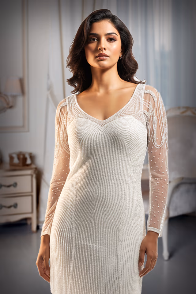 Pearl White Linear Sequin High-Neck Gown — rent in Kochi