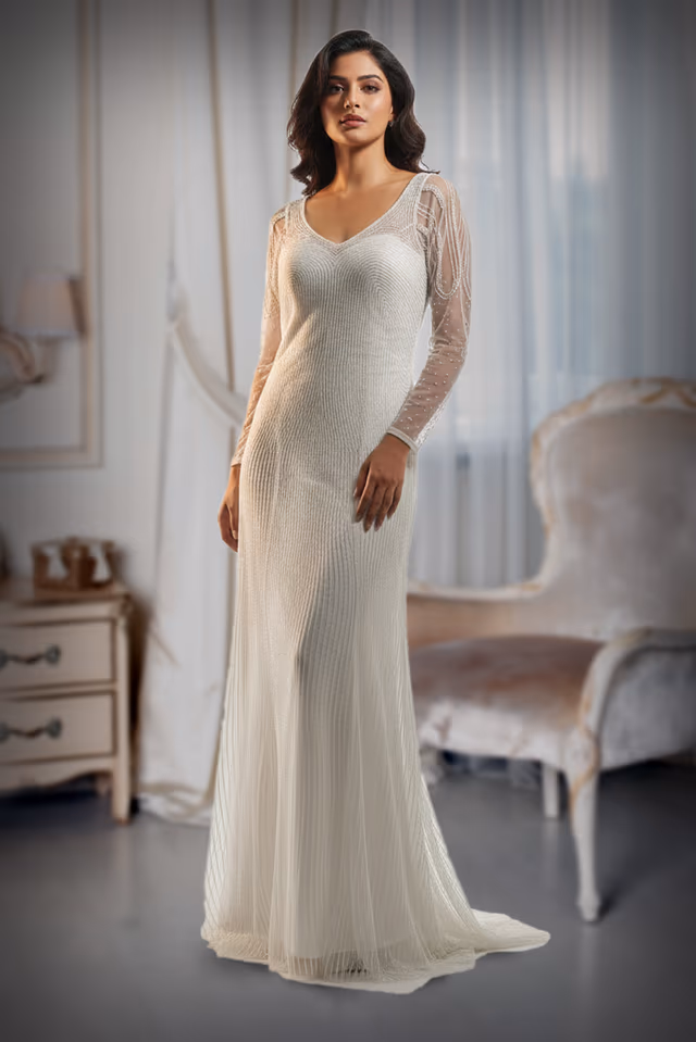 Pearl White Linear Sequin High-Neck Gown — back view, rent in Kochi