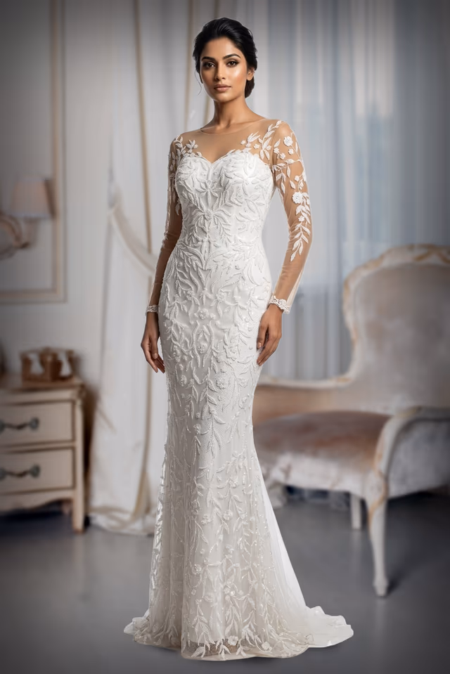 Pure White Bridal Gown Featuring Sheer Sleeves And Delicate Floral Embroidery Perfect For A… — back view, rent in Calicut