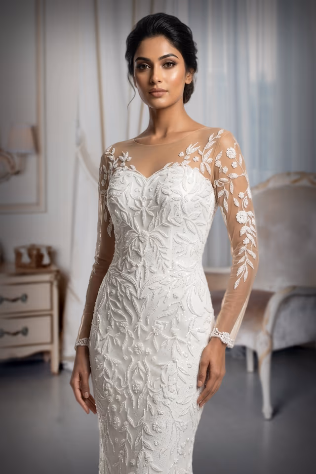 Pure White Bridal Gown Featuring Sheer Sleeves And Delicate Floral Embroidery Perfect For A Romantic… — rent in Calicut