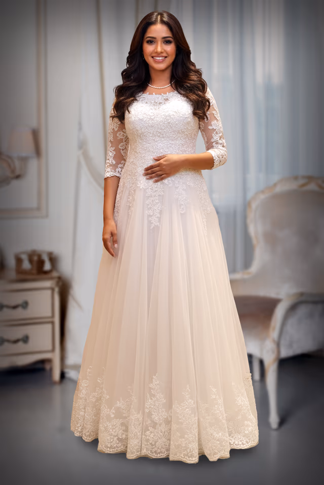 Simple Satin and Lace Full-Sleeve A-Line Wedding Dress — rent in Kochi