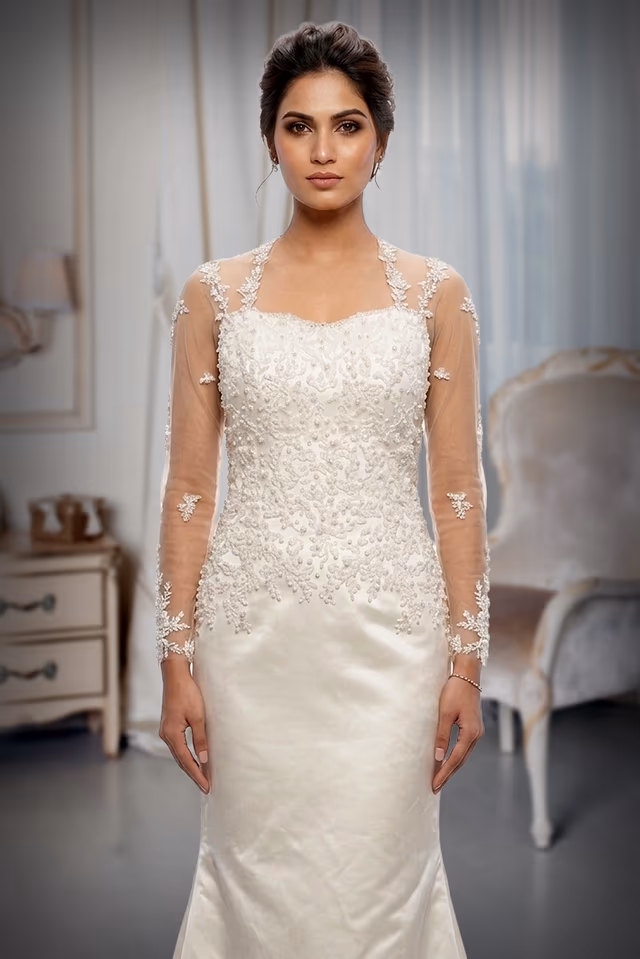 Elegant White Bridal Gown Featuring Sheer Sleeves And Delicate Floral Embroidery Perfect For A Romantic… — rent in Calicut