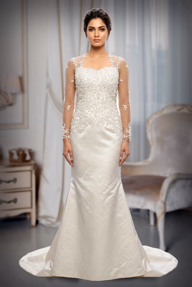 Elegant White Bridal Gown Featuring Sheer Sleeves And Delicate Floral Embroidery Perfect For A… — back view, rent in Calicut