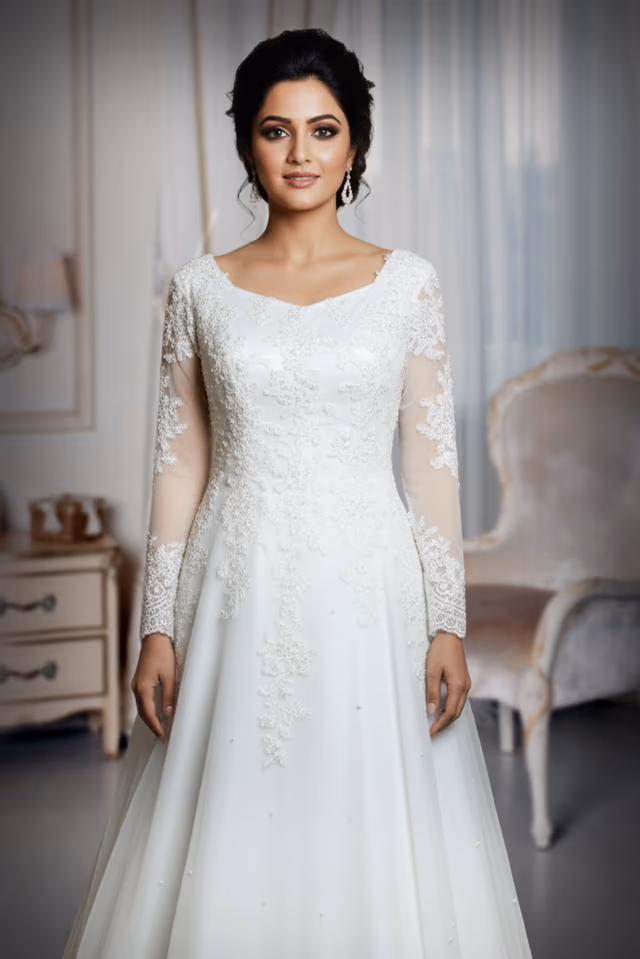 White Bridal Gown With Heavy Lacework Details On Front And Back Yoke ,Hemline Along With Sleeves — rent in Calicut