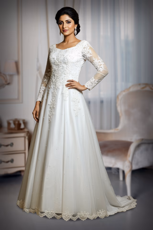White Bridal Gown With Heavy Lacework Details On Front And Back Yoke ,Hemline Along With Sleeves — back view, rent in Calicut