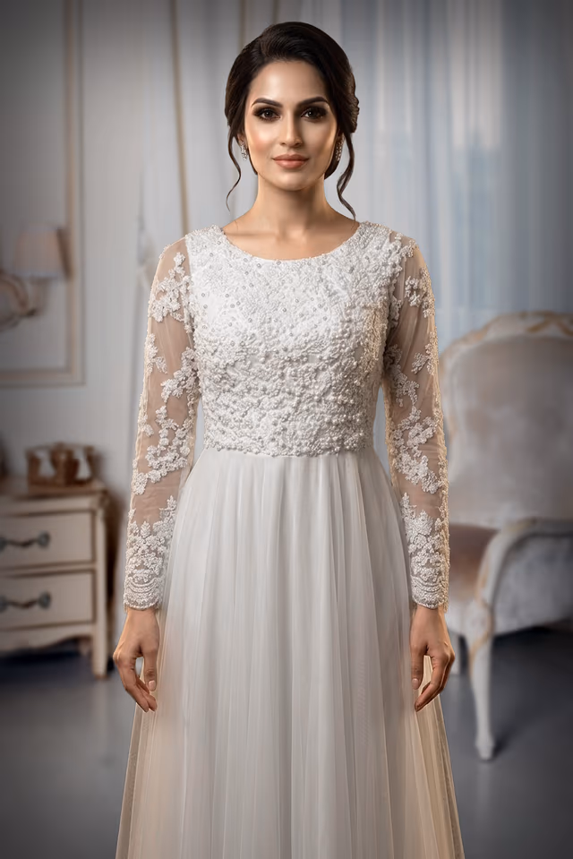White Bridal Gown With Heavy Lacework Details On Front Yoke Along With Sleeves — rent in Calicut